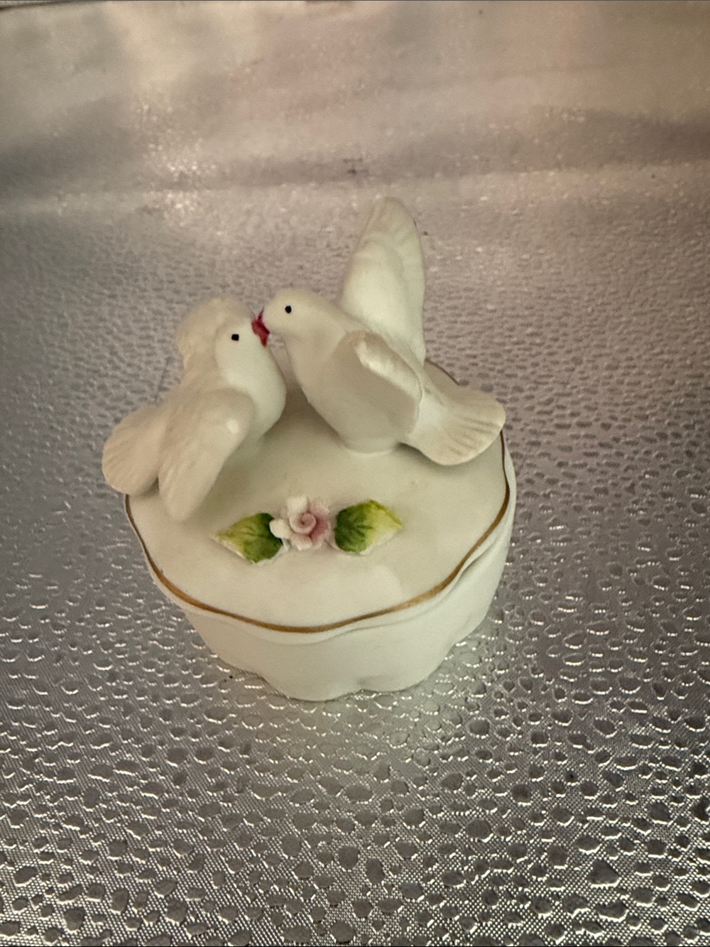 Porcelain Dove Trinket Box in White with Pink Rose Accent